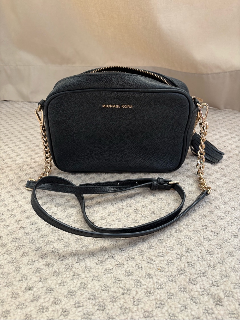 Michael Kors Black Pebbled Leather Crossbody with Gold Chain